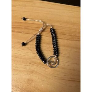 Matte Black Beaded Wave Charm Bracelet Adjustable Cord Boho Surf Jewelry